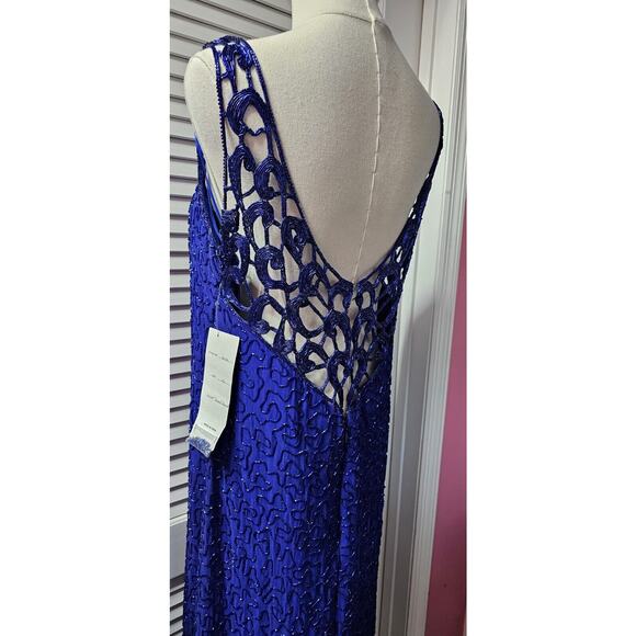 NWT Riva Designs 100% Silk Royal Blue Beaded‎ Backless Gown Dress 10 12 14 16 - Picture 7 of 9